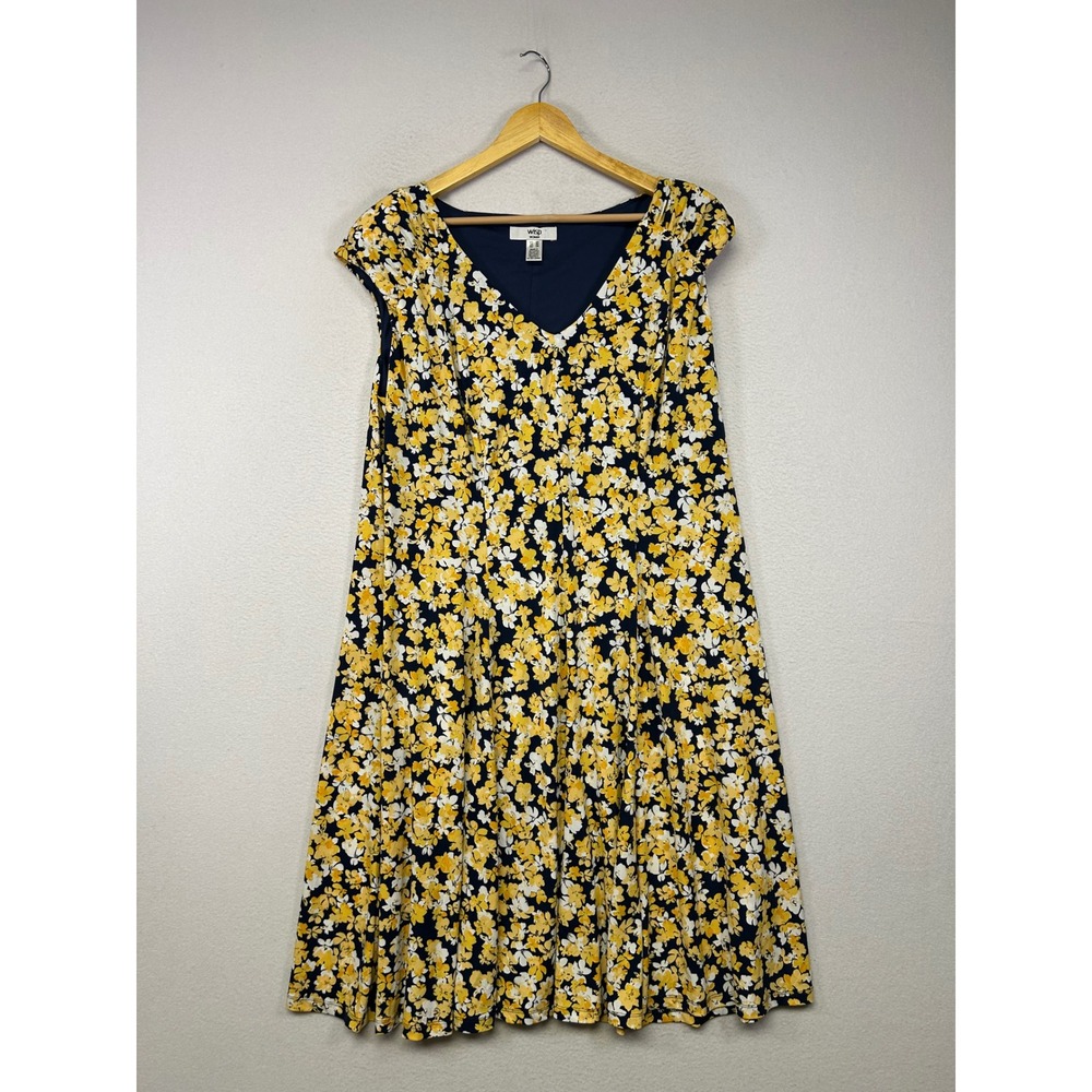 Cottagecore Modest Wisp Woman 2X Navy Yellow Floral Cap Sleeve‎ A-Line Dress